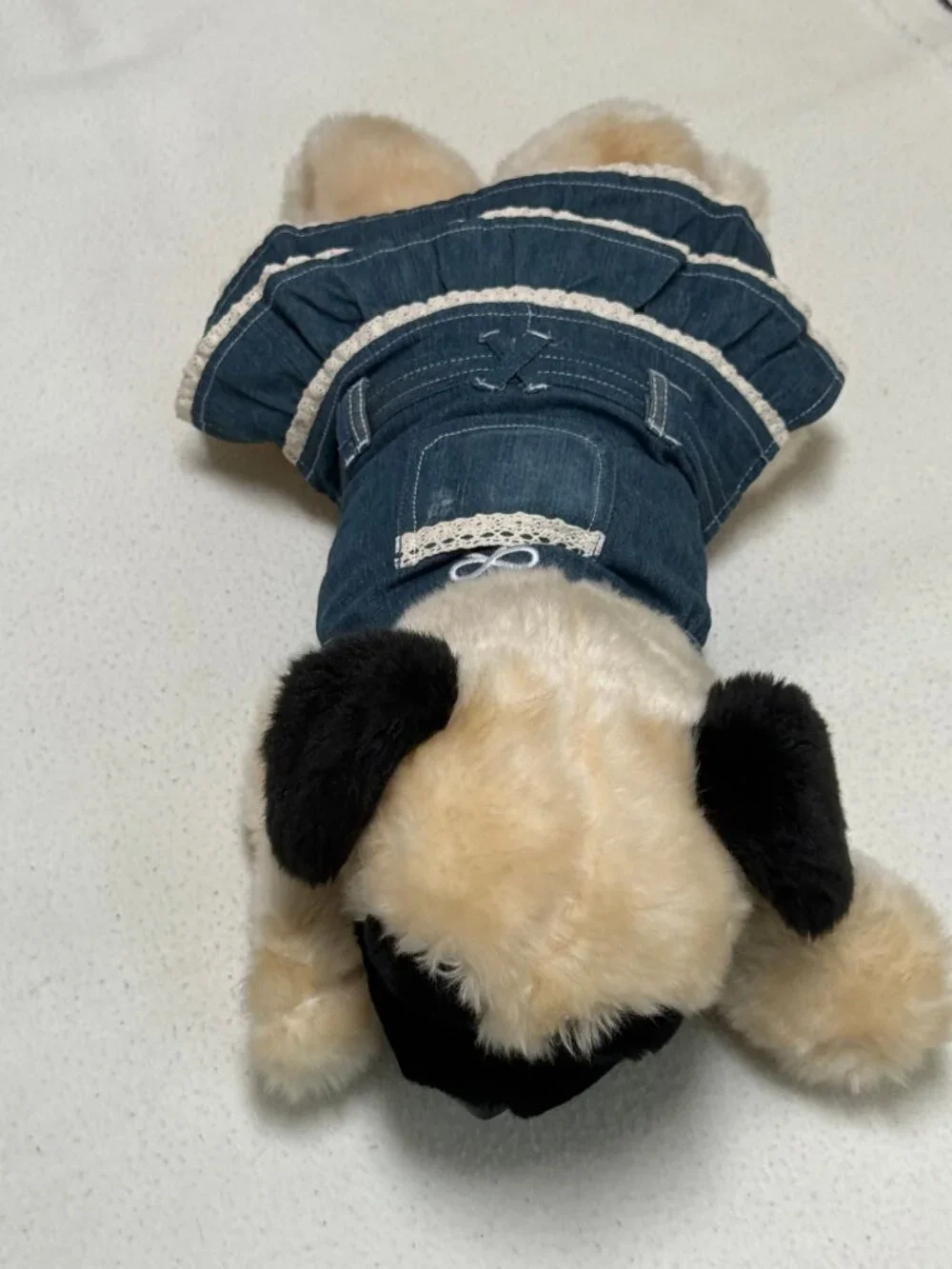 Cute Denim 2 Tier Ruffle w/ Lace Skirt Dog Dress w/ Pocket - Small / Medium